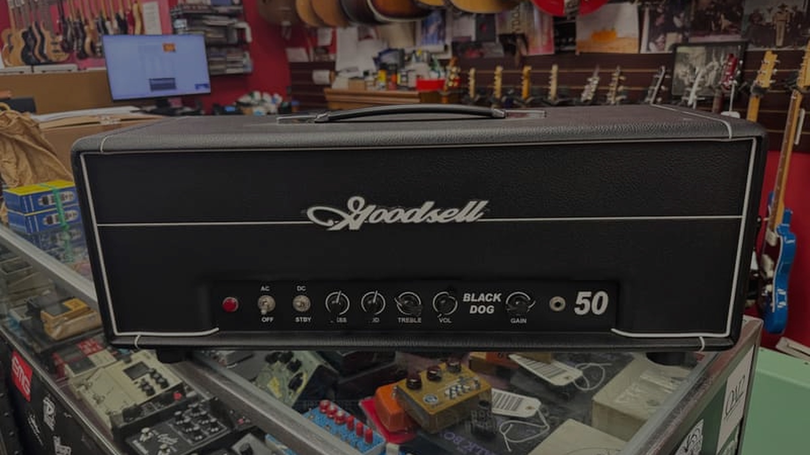 Goodsell Black Dog 50 amplifier in a guitar shop.