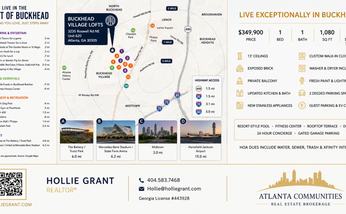 Printed Buckhead amenity handout with map and QR code.