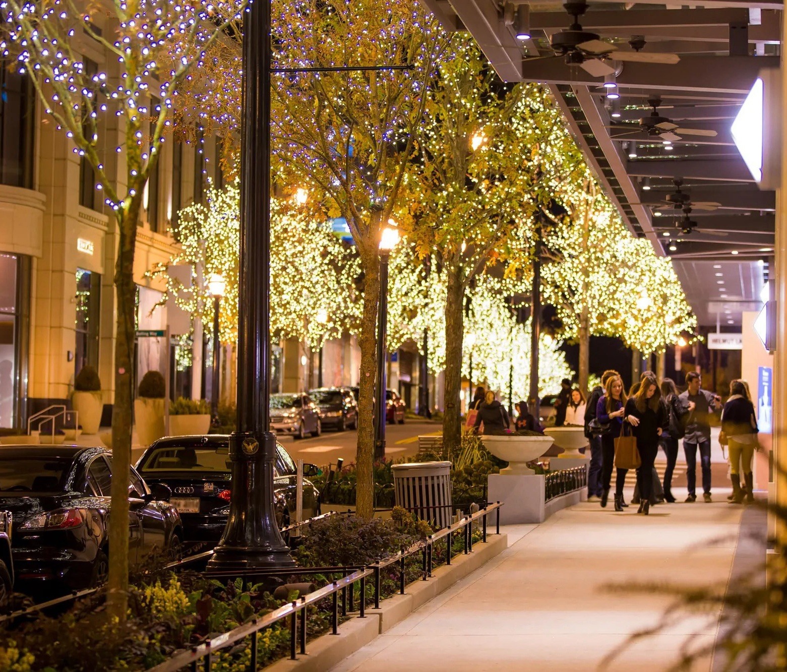 Buckhead Village pedestrian shopping and dining district at night.
