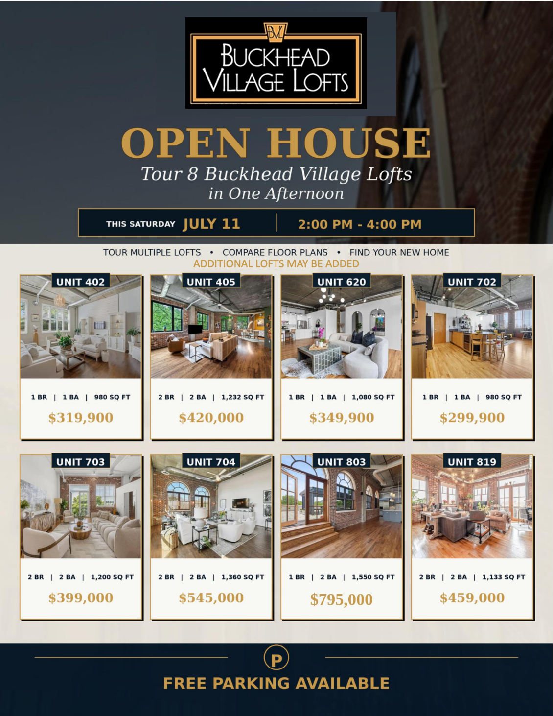Multi-unit Buckhead Village Lofts open house flyer.