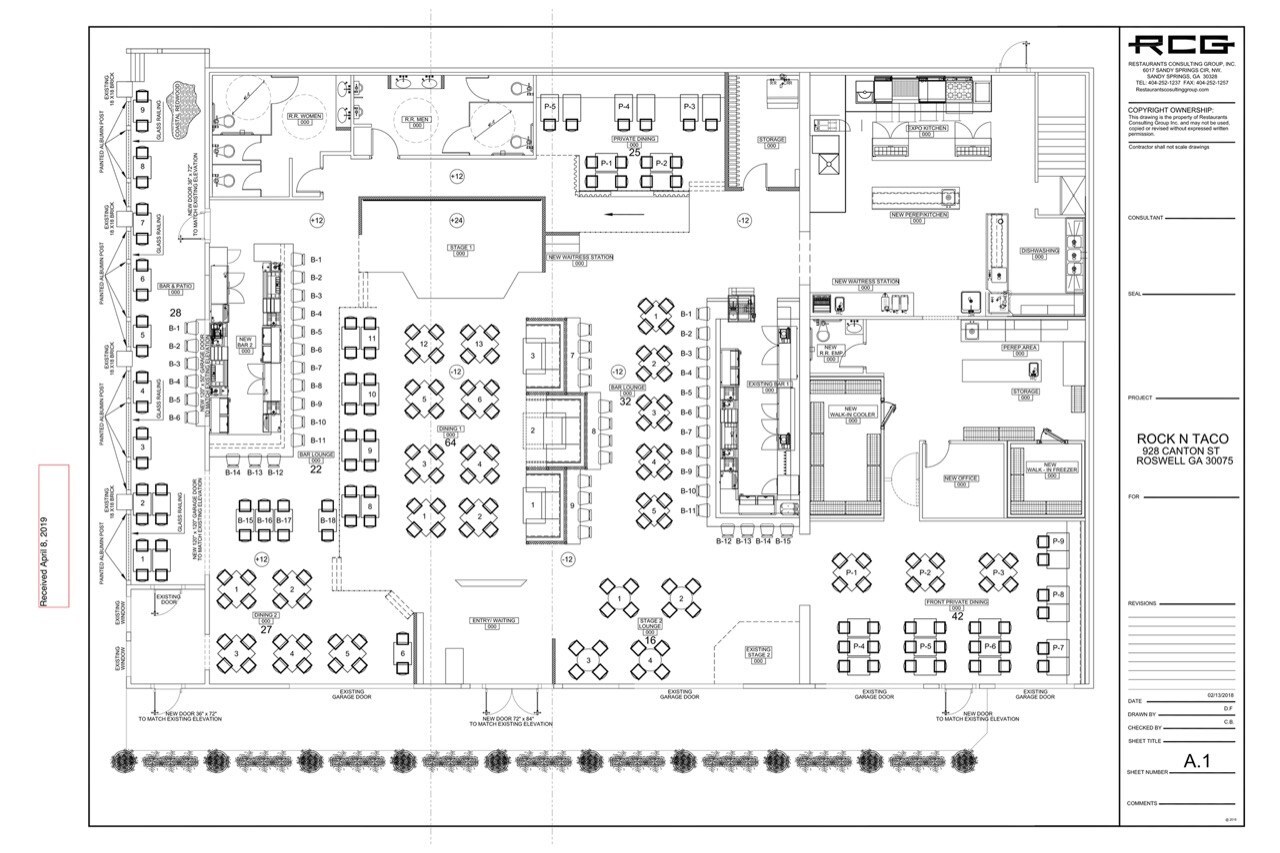 Architectural floor plan blueprint for Rock 'N' Taco, Roswell, Georgia — seating, stage, and sightlines mapped before construction.